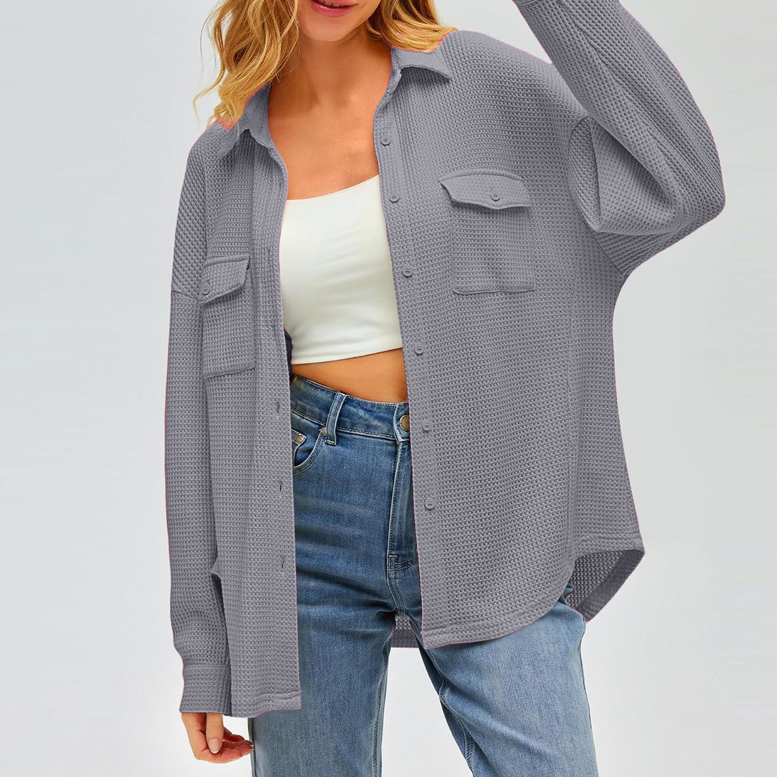 thumbnail image 5 of Camisa con bolsillos de color liso para mujer: top de punto holgado de manga larga, poliéster, versátil para primavera/otoño, tallas US 4-12, EU 34-42, 5 of 8